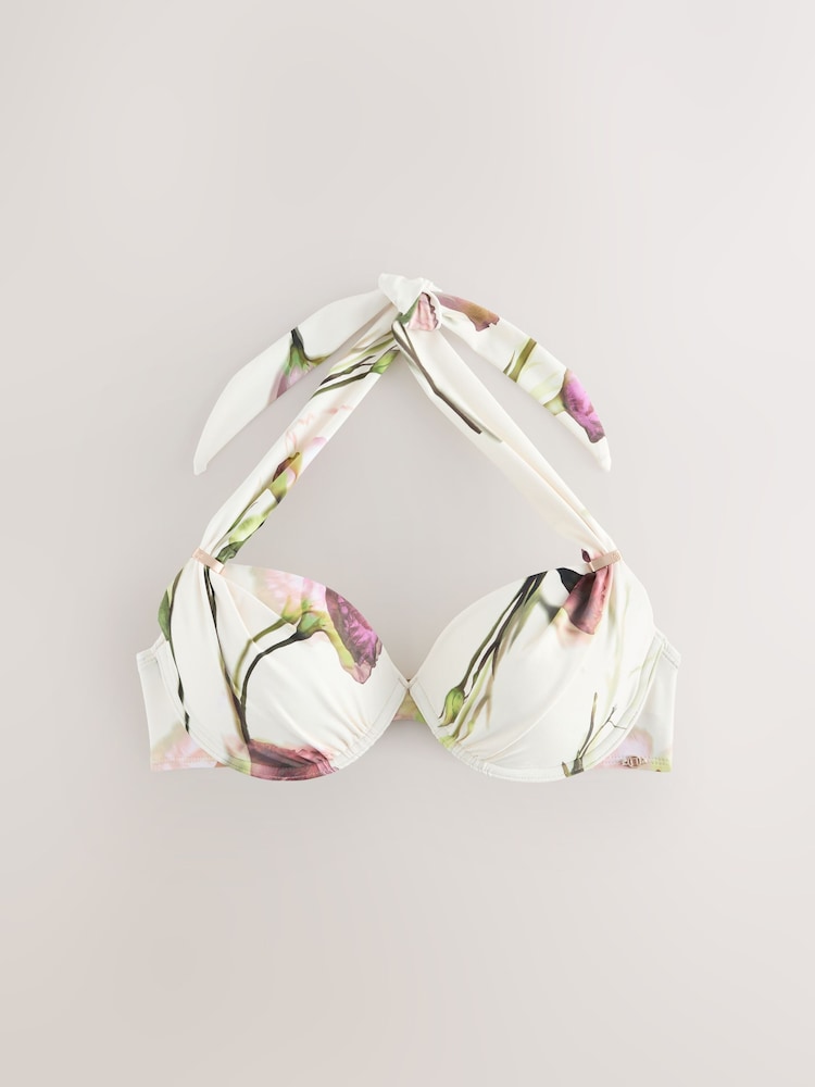 Cream/Purple Tulip Floral Padded Shaping Wired Halter Bikini Top - Image 1 of 3