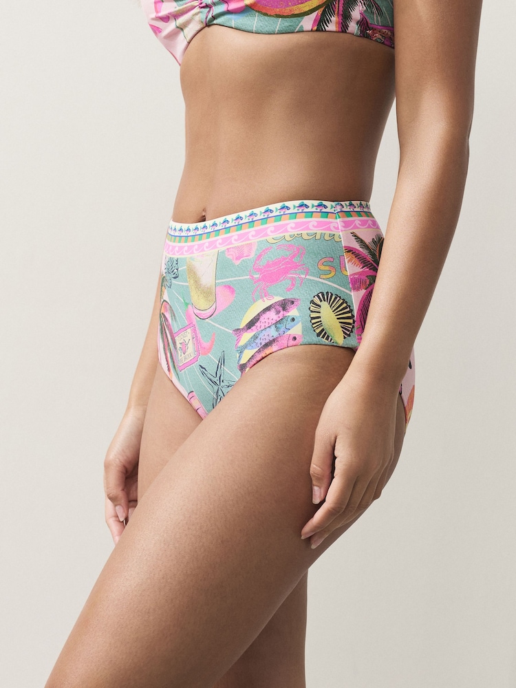 Green/Pink Lobster Conversational High Waist Print Bikini Bottoms - Image 1 of 5 Green/Pink Lobster Conversational High Waist Print Bikini Bottoms - Image 1 of 5