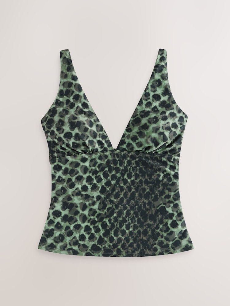 Green/Black Leopard Print Plunge Tummy Control Tankini Top - Image 1 of 3 Green/Black Leopard Print Plunge Tummy Control Tankini Top - Image 1 of 3