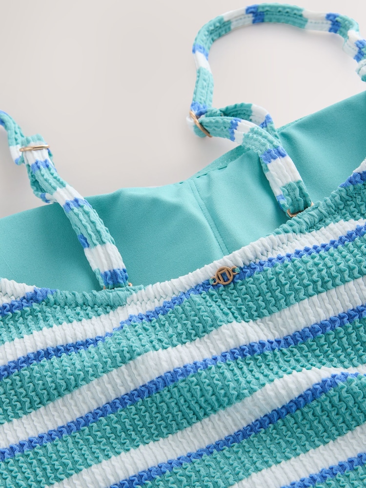 Aqua Blue/White Crinkle Stripe Pull On Bandeau Tankini Top - Image 9 of 9