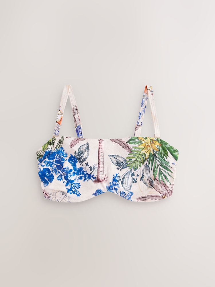 Cream/Navy Parrot Print DD+ Non Pad Minimise Bandeau Bikini Top - Image 1 of 3