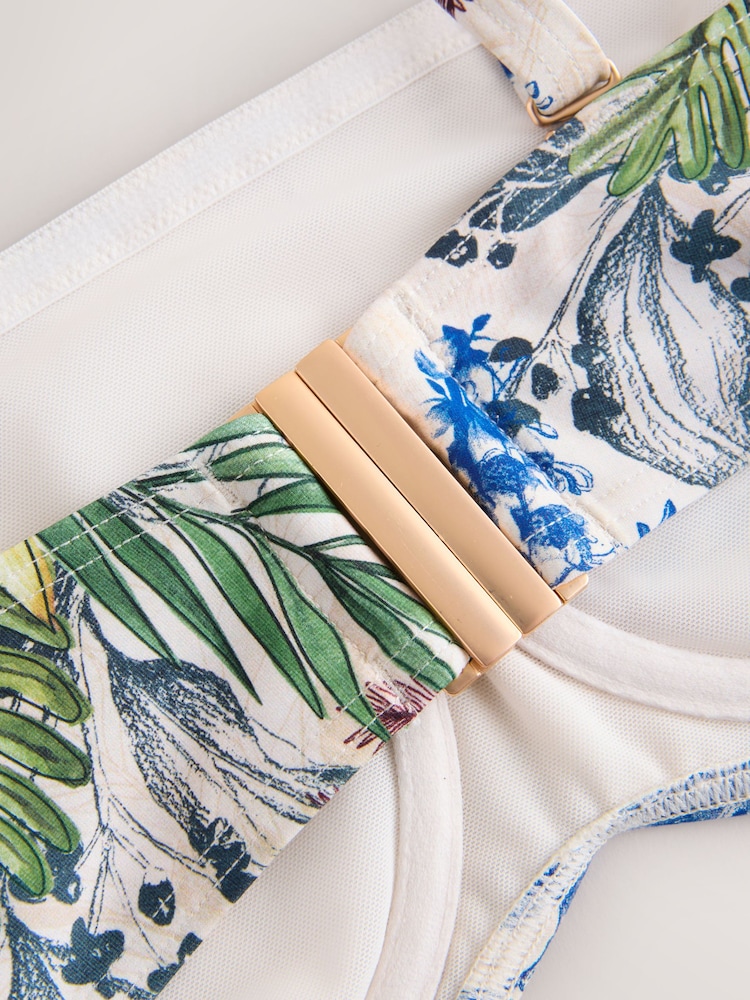 Cream/Navy Parrot Print DD+ Non Pad Minimise Bandeau Bikini Top - Image 2 of 3