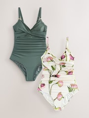 Khaki Green/Cream Floral Tummy Control Swimsuits 2 Pack - Image 1 of 7