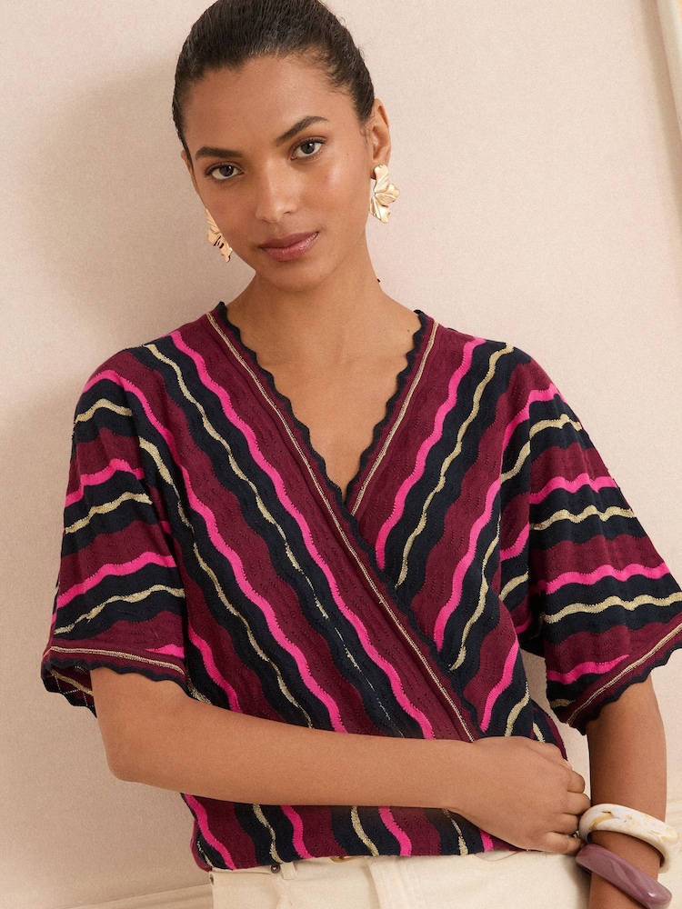 Love & Roses Berry Red Multi Scallop Stripe Scallop Knitted Top - Image 1 of 4