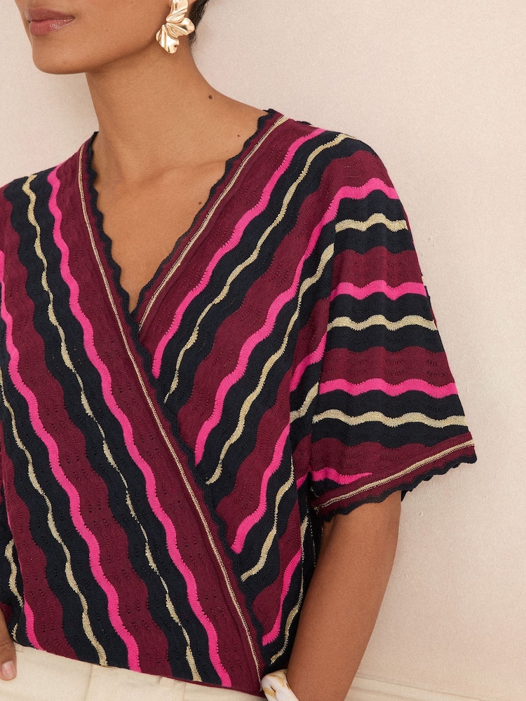 Love & Roses Berry Red Multi Scallop Stripe Scallop Knitted Top - Image 2 of 4