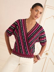 Love & Roses Berry Red Multi Scallop Stripe Scallop Knitted Top - Image 3 of 4