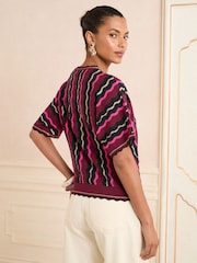 Love & Roses Berry Red Multi Scallop Stripe Scallop Knitted Top - Image 4 of 4