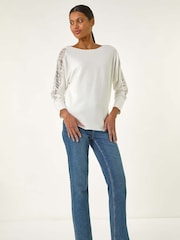 Roman White Embellished Sleeve Knit Jumper - Image 2 of 5