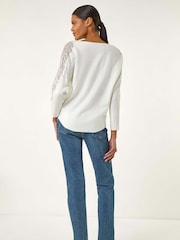 Roman White Embellished Sleeve Knit Jumper - Image 3 of 5