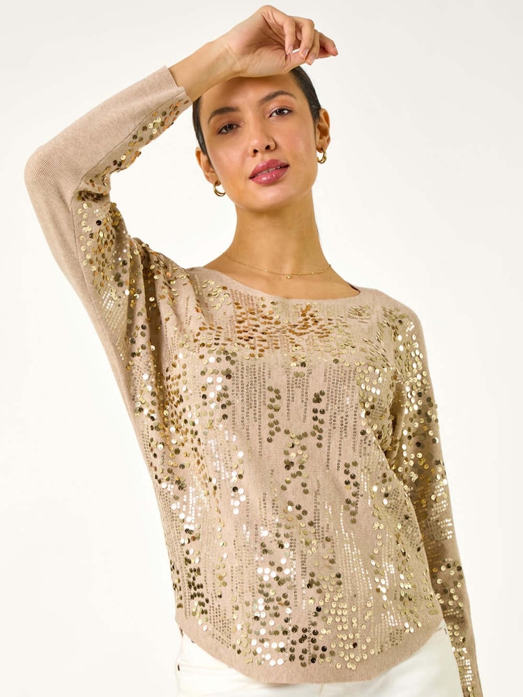 Roman Natural Sequin Textured Knit Jumper - Image 1 of 5