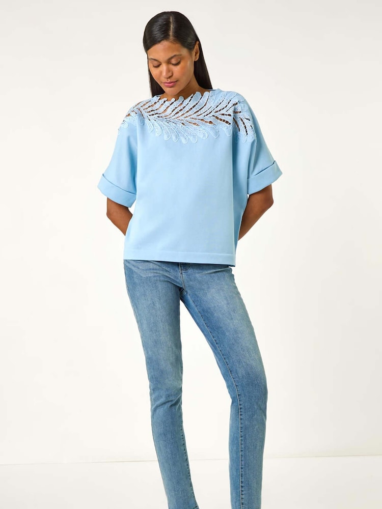 Roman Blue Embellished Short Sleeve Knit Jumper Top - Image 2 of 5 Roman Blue Embellished Short Sleeve Knit Jumper Top - Image 2 of 5