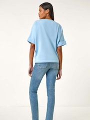 Roman Blue Embellished Short Sleeve Knit Jumper Top - Image 3 of 5