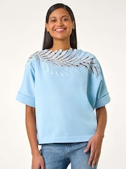 Roman Blue Embellished Short Sleeve Knit Jumper Top - Image 4 of 5