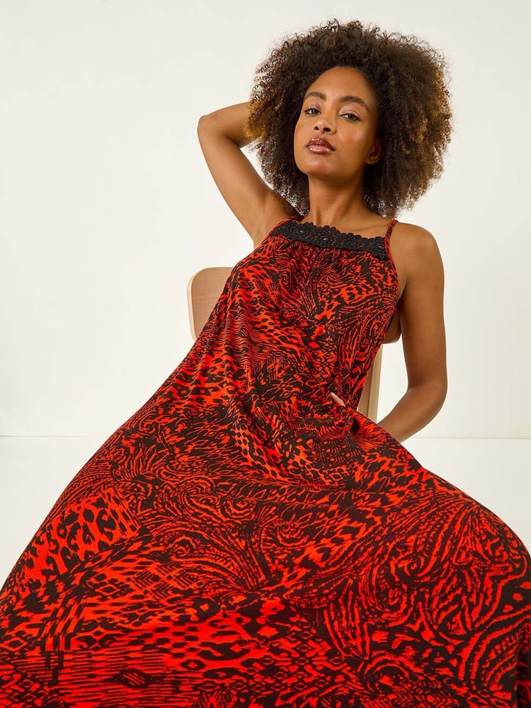 Roman Red Abstract Print Trim Detail Midi Dress - Image 1 of 5