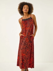 Roman Red Abstract Print Trim Detail Midi Dress - Image 2 of 5