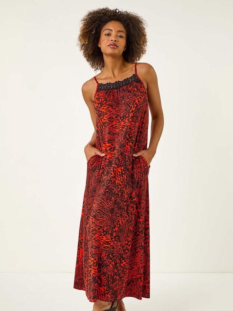 Roman Red Abstract Print Trim Detail Midi Dress - Image 2 of 5