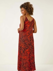Roman Red Abstract Print Trim Detail Midi Dress - Image 3 of 5
