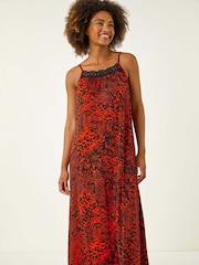 Roman Red Abstract Print Trim Detail Midi Dress - Image 4 of 5