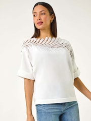 Roman White Embellished Short Sleeve Knit Jumper Top - Image 1 of 5