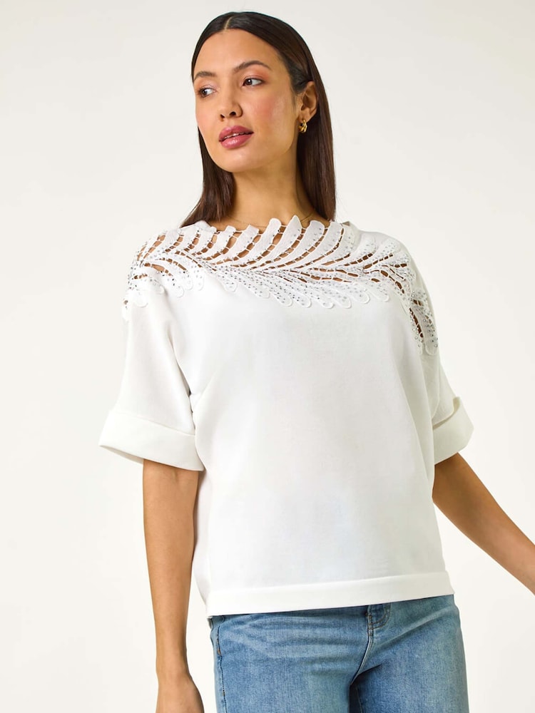 Roman White Embellished Short Sleeve Knit Jumper Top - Image 1 of 5