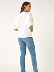 Roman White Embellished Short Sleeve Knit Jumper Top - Image 3 of 5