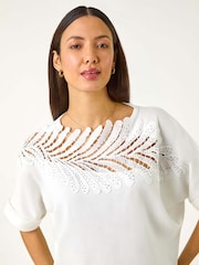 Roman White Embellished Short Sleeve Knit Jumper Top - Image 4 of 5