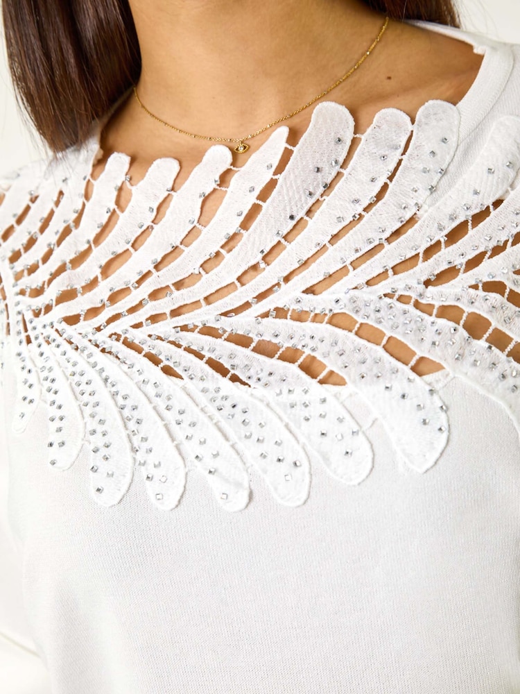 Roman White Embellished Short Sleeve Knit Jumper Top - Image 5 of 5