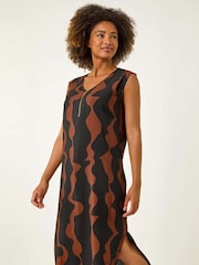 Roman Brown Wave Zip Detail Midi Shift Dress - Image 2 of 5
