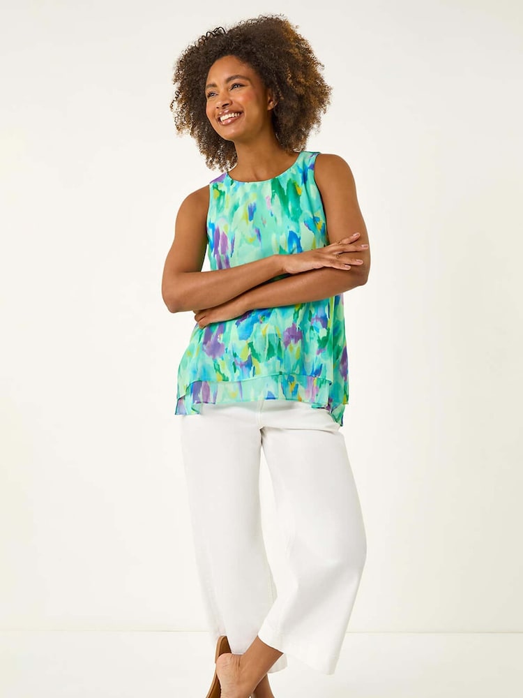 Roman Green Blurred Double Layered Vest Top - Image 2 of 5 Roman Green Blurred Double Layered Vest Top - Image 2 of 5