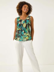 Roman Green Leaf Print Pleat Front Vest Blouse - Image 2 of 5