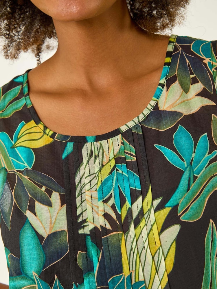 Roman Green Leaf Print Pleat Front Vest Blouse - Image 5 of 5