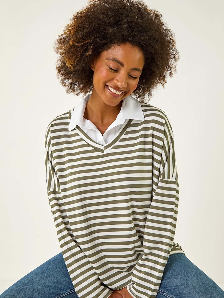 Roman Green Stripe Print 2 in 1 Blouse - Image 1 of 5