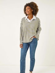 Roman Green Stripe Print 2 in 1 Blouse - Image 2 of 5