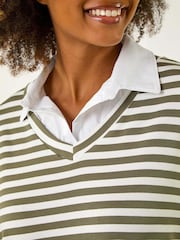 Roman Green Stripe Print 2 in 1 Blouse - Image 5 of 5