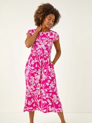 Roman Pink Floral Print Midi Stretch Dress - Image 1 of 5