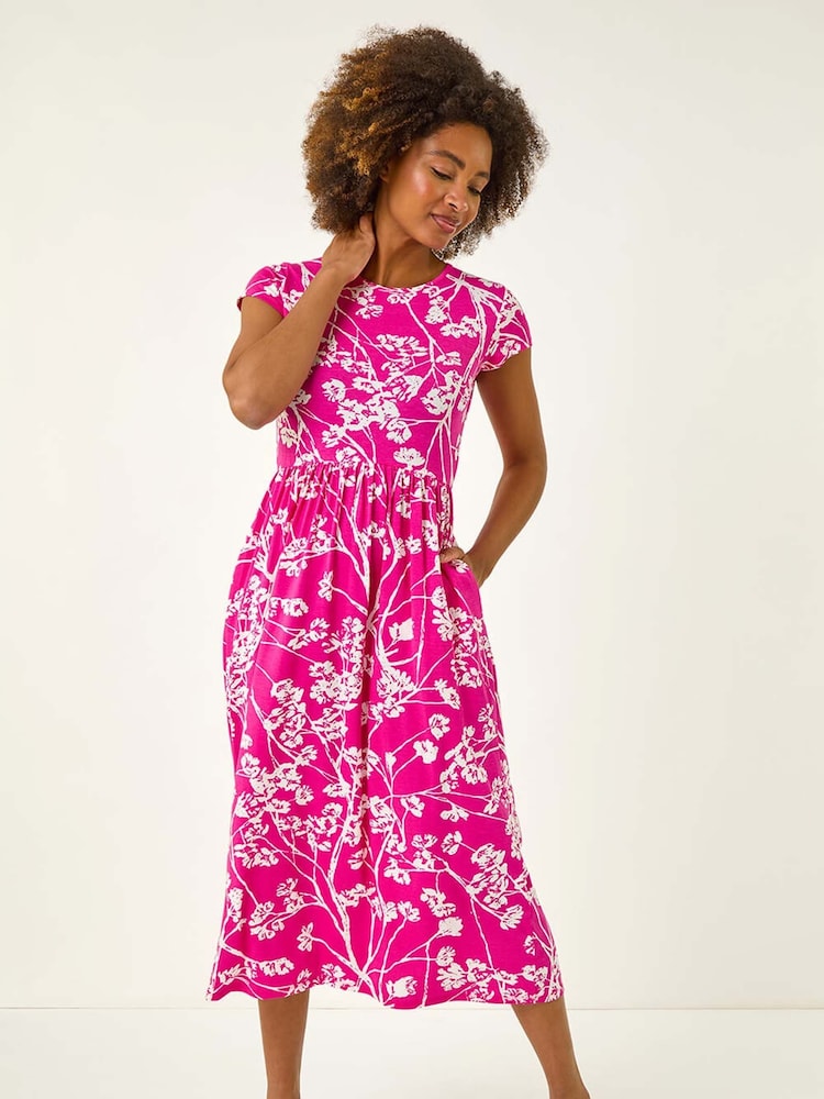 Roman Pink Floral Print Midi Stretch Dress - Image 1 of 5