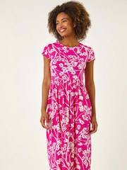 Roman Pink Floral Print Midi Stretch Dress - Image 2 of 5