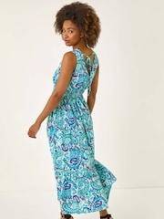 Roman Blue Paisley Print Shirred Maxi Dress - Image 1 of 5