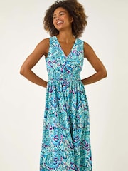 Roman Blue Paisley Print Shirred Maxi Dress - Image 2 of 5