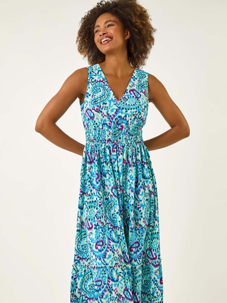 Roman Blue Paisley Print Shirred Maxi Dress - Image 2 of 5