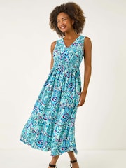 Roman Blue Paisley Print Shirred Maxi Dress - Image 3 of 5