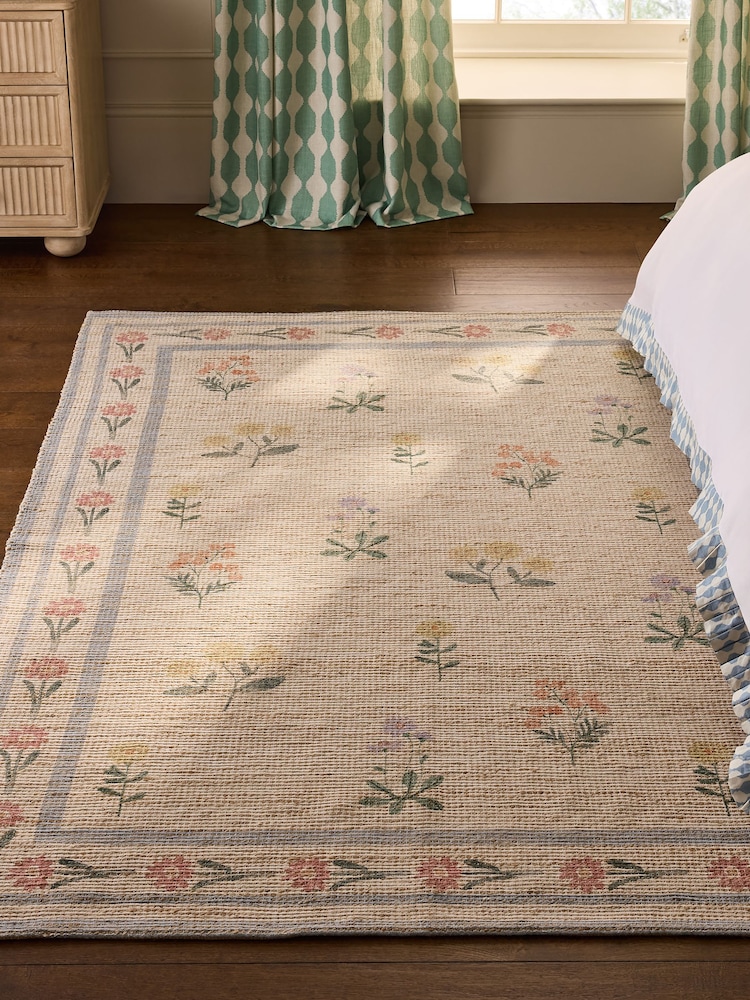 Natural Floral Border Jute Rug - Image 1 of 4 Natural Floral Border Jute Rug - Image 1 of 4