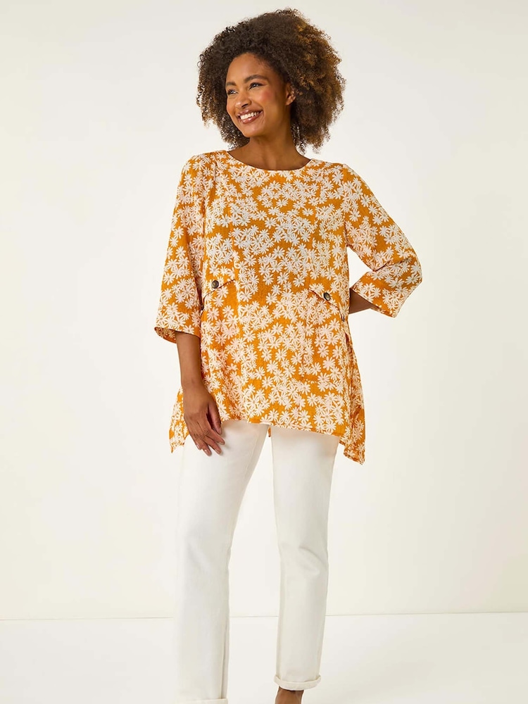 Roman Yellow Floral Print Pocket Tunic Top - Image 1 of 5