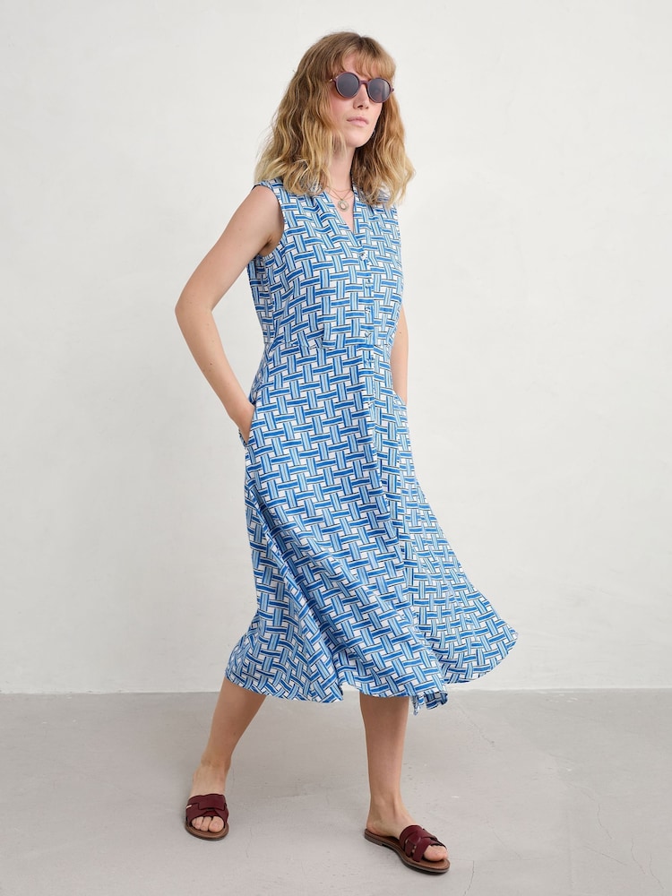 Seasalt Cornwall Blue Petite Carved Wood 100% Linen Sleeveless Dress - Image 1 of 5