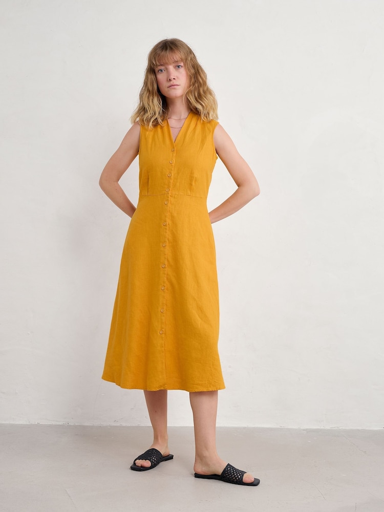 Seasalt Cornwall Yellow Petite Carved Wood 100% Linen Sleeveless Dress - Image 1 of 5 Seasalt Cornwall Yellow Petite Carved Wood 100% Linen Sleeveless Dress - Image 1 of 5