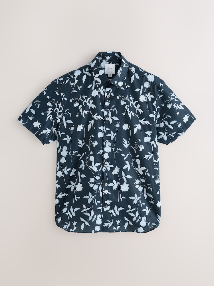 Blue Textured Floral Regular Fit Short Sleeve Shirt - Image 1 of 3