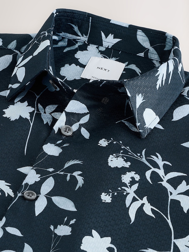 Blue Textured Floral Regular Fit Short Sleeve Shirt - Image 3 of 3