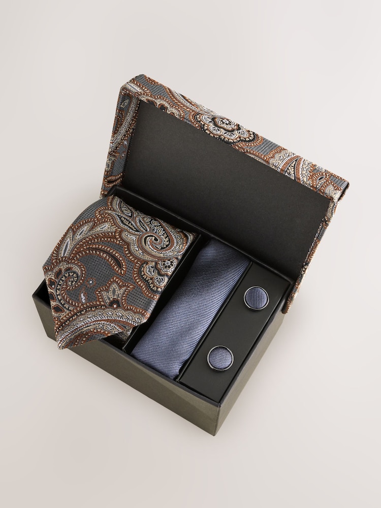 Grey Tie, Pocket Square and Cufflink Gift Box - Image 1 of 3 Grey Tie, Pocket Square and Cufflink Gift Box - Image 1 of 3