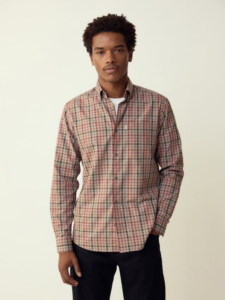 Neutral Gingham Regular Fit Easy Iron Button Down Oxford Shirt - Image 1 of 7 Neutral Gingham Regular Fit Easy Iron Button Down Oxford Shirt - Image 1 of 7