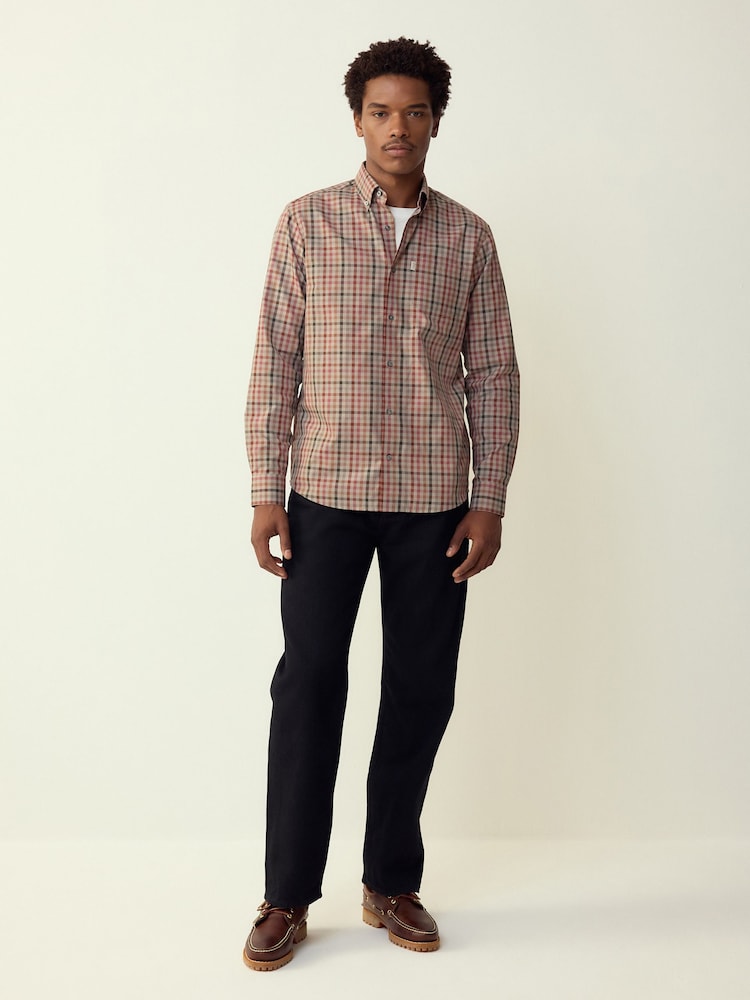 Neutral Gingham Regular Fit Easy Iron Button Down Oxford Shirt - Image 2 of 7 Neutral Gingham Regular Fit Easy Iron Button Down Oxford Shirt - Image 2 of 7